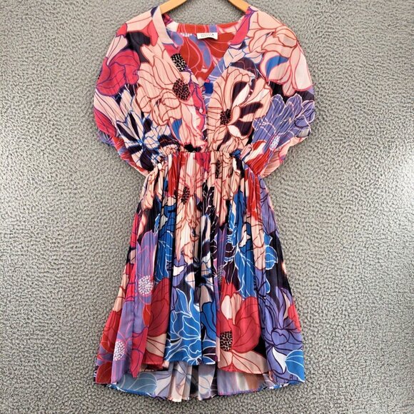Molly Bracken Dress Womens Small Multi Floral Mini Blouson Knife Pleats Button - Picture 1 of 13